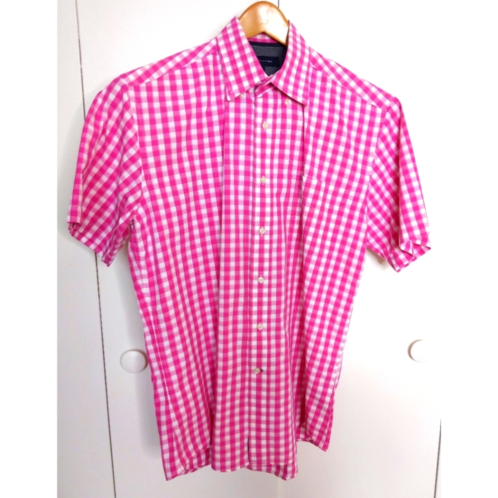 Tommy pink check button up t-shirt collar L